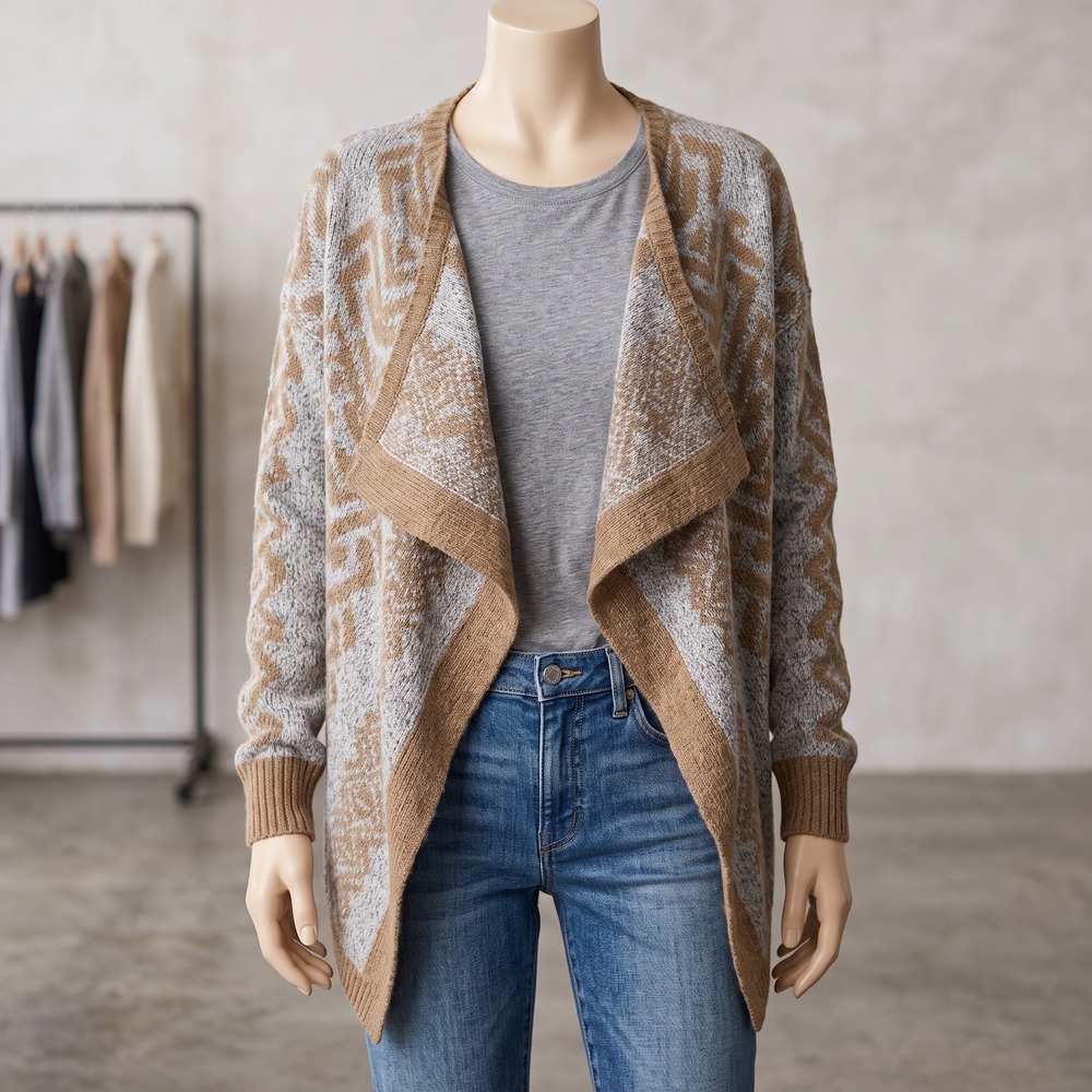Boho Southwestern Pink Rose Cardigan XL Gray Camel Geometric Open Front Sweater